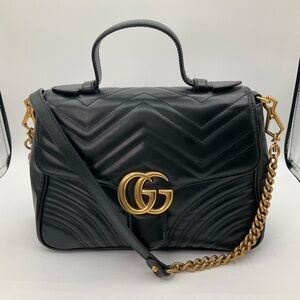 Gucci GG Marmont Matelasse Small Top Handle Black Leather Bag Purse